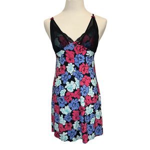 Betsey Johnson Floral Nightie Lingerie Top Black Blue Pink Lace Slit Cami M